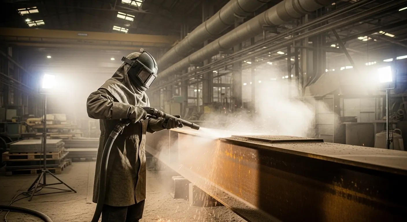 Aplicación de chorro abrasivo en estructura metálica industrial